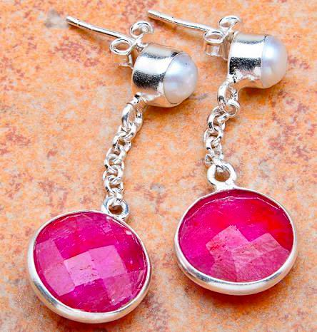 35mm NATURAL ROYAL RUBY+PEARL SILVER EARRINGS